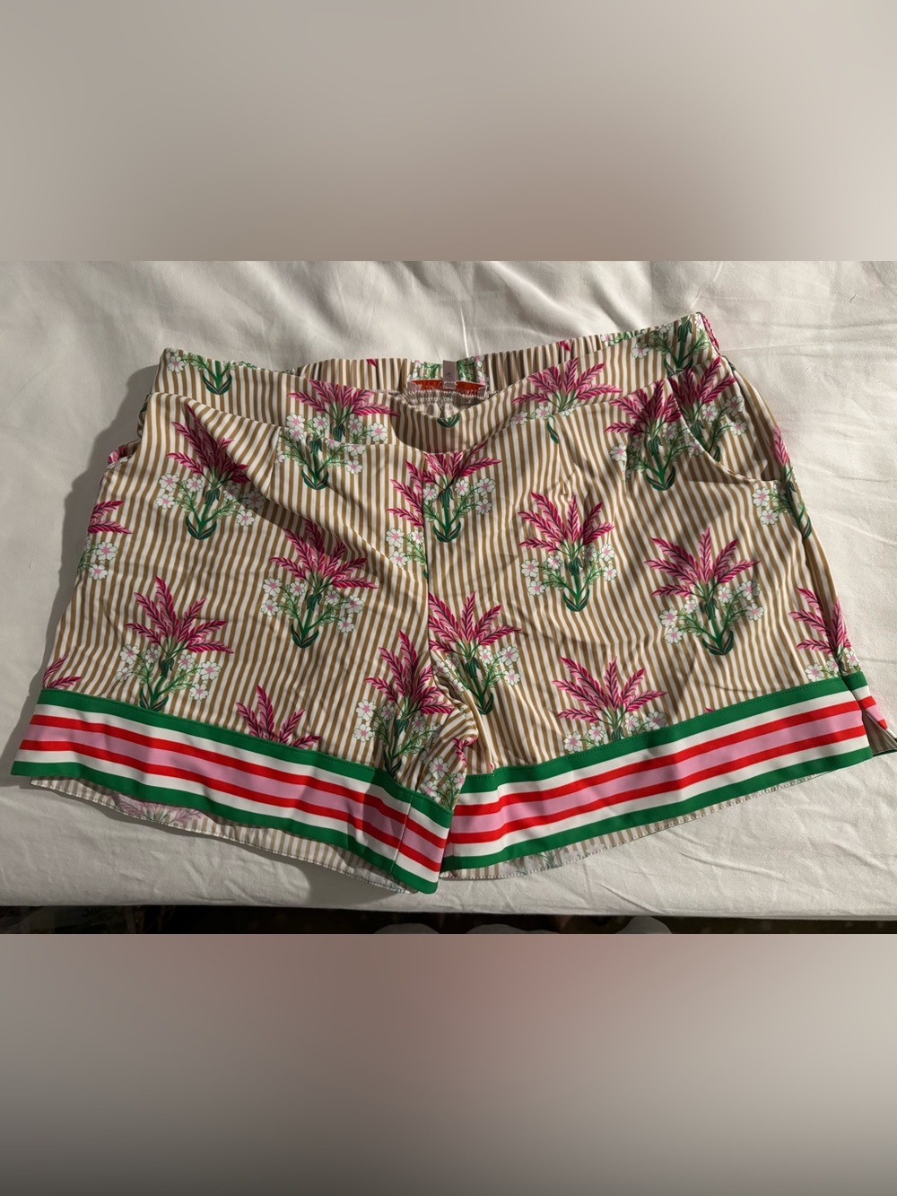 Jude Connally Beige Striped Shorts with Pink Floral & Green-pink Hem
